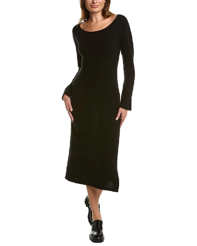 Qi Cashmere Boat Neck Cashmere Midi Dress Fashionable Off-Shoulder Dress Midi