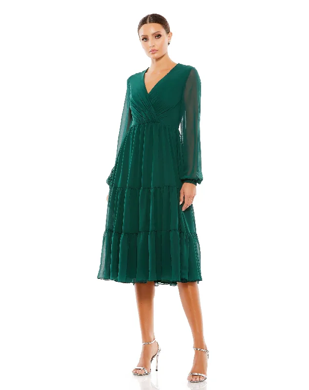 Ruched V-Neck Tiered Midi Dress Stylish Color Block Midi Dress
