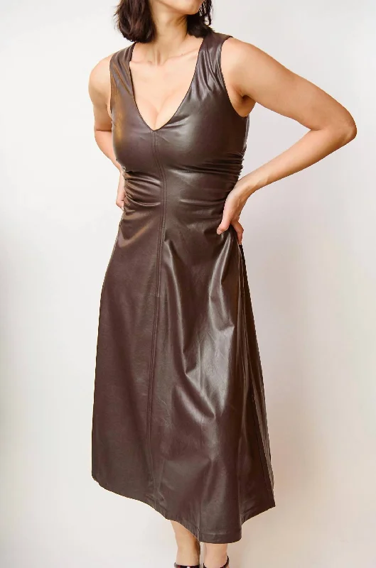 Sabal Faux Leather Midi Dress In Chocolate Trendy Off-Shoulder Ruffle Midi Dress