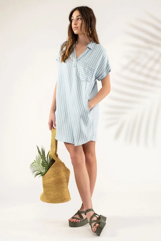 STRIPED COLLARED MINI DRESS Casual V-Neck Mini Dress