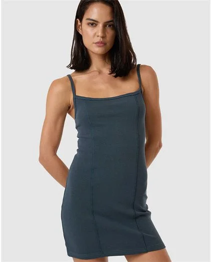 THRILLS - Rib Seam Mini Dress in Dark Slate Stylish Short-Sleeve Mini Dress