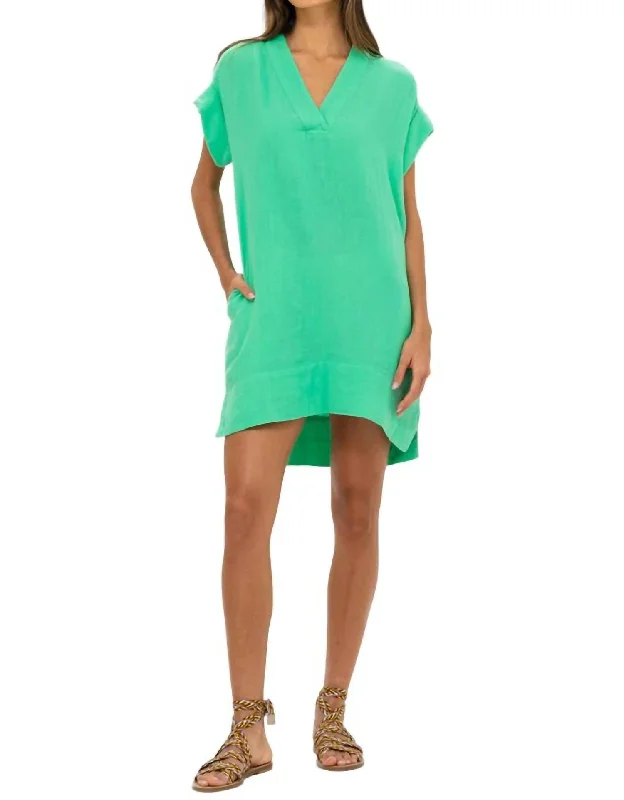 V-Neck Mini Dress In Bahama Green Elegant Floral-Print Mini Dress