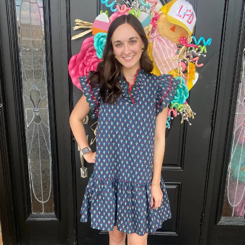 Vintage Wildflower Mini Dress- Navy Stylish Button-Down Mini Dress