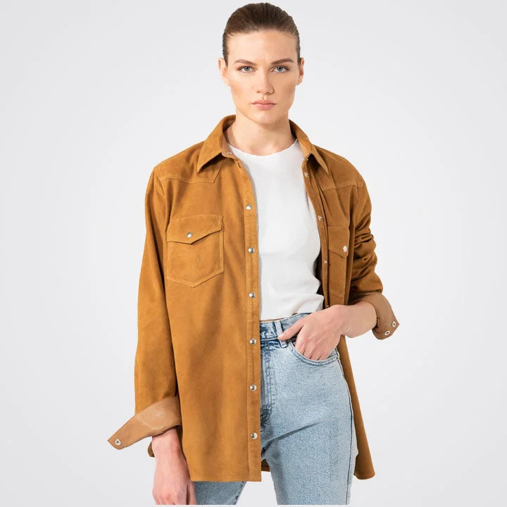 Women Camel Suede Leather Shirt Stylish Round Neck Shirt