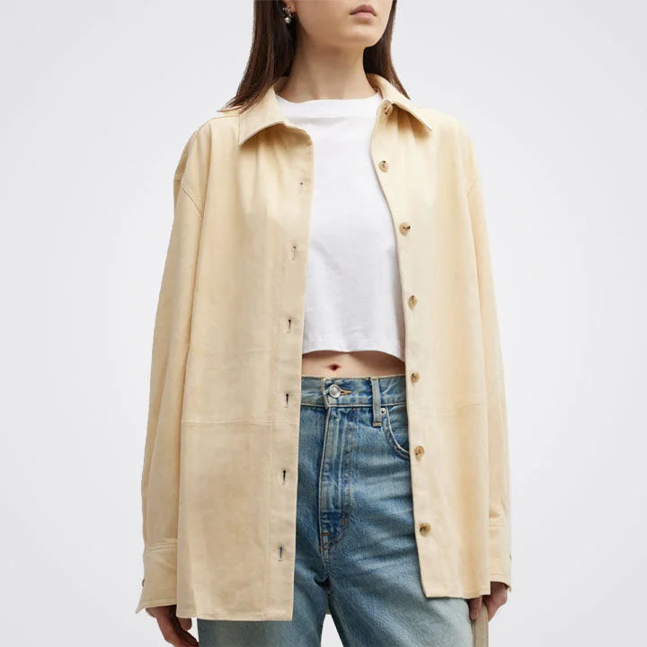 Women Crème Oversized Suede Leather Shirt Trendy Tie-Front Short Shirt