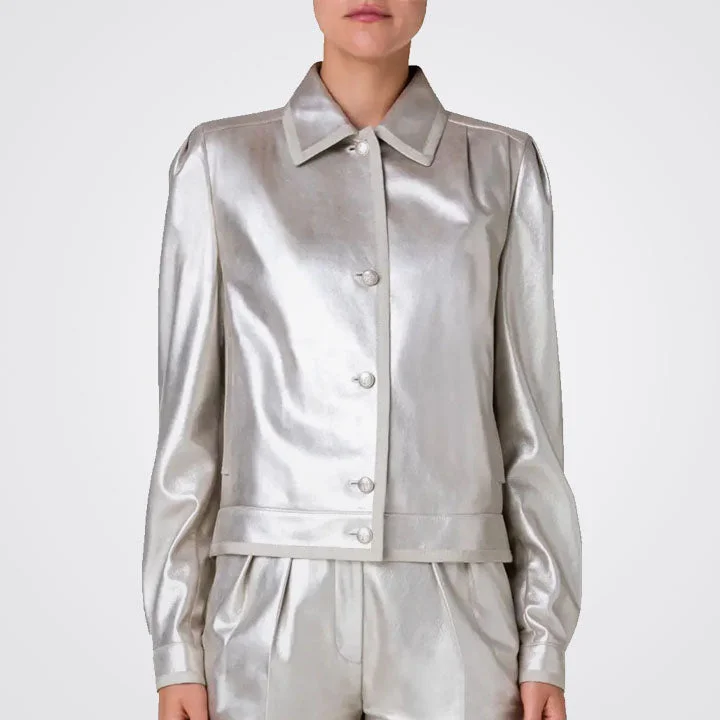 Women Silver Metallic Puffed Sleeve Leather Shirt Elegant High-Low Short Shirt