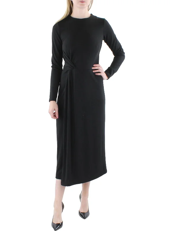 Womens Knot-Front Crewneck Midi Dress Comfortable Wrap Midi Dress