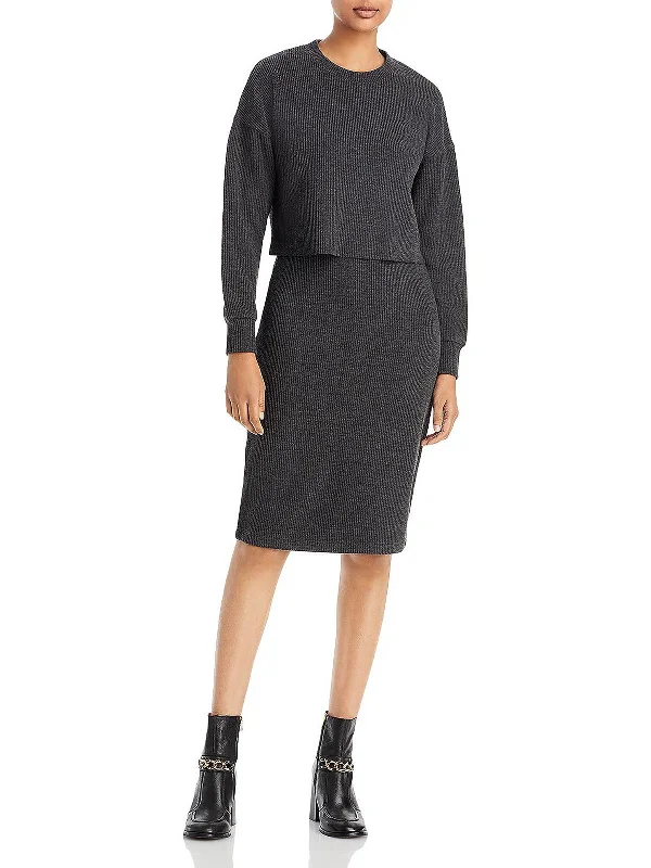 Womens Ribbed Calf Midi Dress Elegant V-Neck Midi Dress