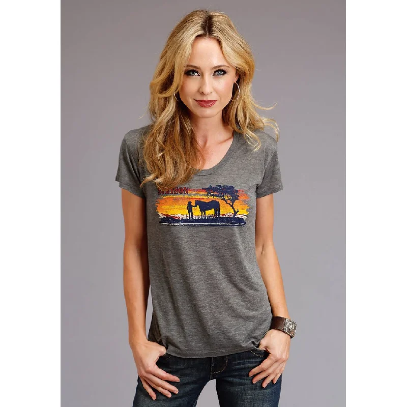 Stetson Girl & Horse Screen Print Women's Grey T-Shirt Lace Blend Ribbed Blend Corduroy Blend Stetson Girl & Horse Screen Print Women's Grey T-Shirt Lace Blend Ribbed Blend Corduroy Blend