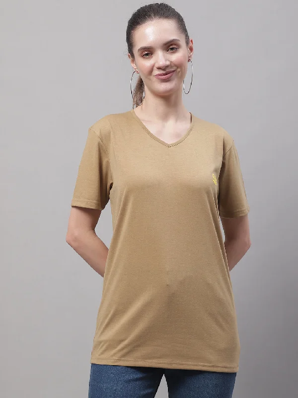 Vimal Jonney V Neck Cotton Solid Mud T-Shirt for Women Silk Blend Satin Velvet