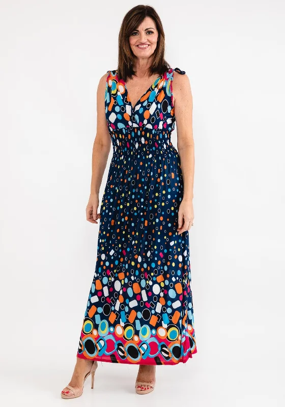 Seventy1 Multi Circle Print Maxi Dress, Navy Multi Elegant Lace-Up Maxi Dress