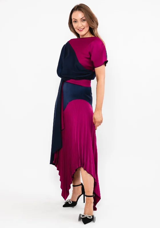 Kevan Jon Lucy Pleat Drape Maxi Dress, Navy & Mulberry Stylish Pleated A-Line Maxi Dress Kevan Jon Lucy Pleat Drape Maxi Dress, Navy & Mulberry Stylish Pleated A-Line Maxi Dress
