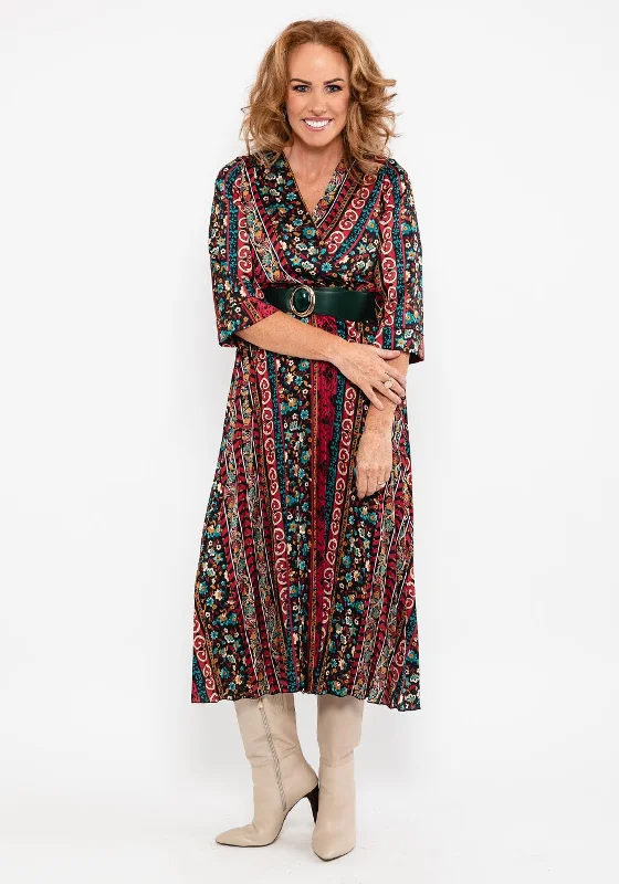 Seventy1 Multi Print Pleated Maxi Dress, Red Multi Fashionable Button-Down Maxi Dress Seventy1 Multi Print Pleated Maxi Dress, Red Multi Fashionable Button-Down Maxi Dress