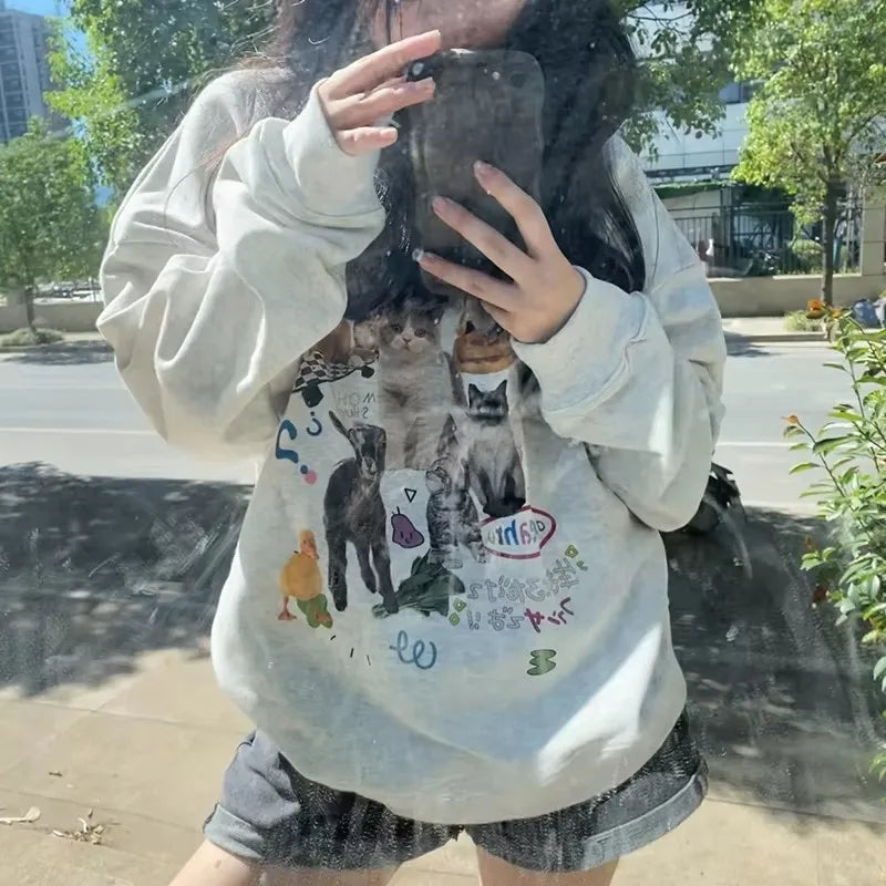 Lunivop Autumn/Winter New Y2k Millennial Style Kitten And Puppy Cute Pattern Printed Hatless Crewneck Hoodie Top For Women Hoodie with Hem Ribbing Snug Secure Lunivop Autumn/Winter New Y2k Millennial Style Kitten And Puppy Cute Pattern Printed Hatless Crewneck Hoodie Top For Women Hoodie with Hem Ribbing Snug Secure
