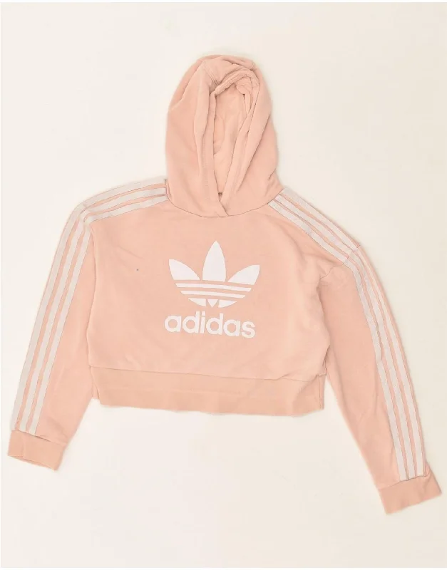 ADIDAS Girls Graphic Crop Hoodie Jumper 9-10 Years Pink Cotton Hoodie with Exposed Zipper Edgy Industrial ADIDAS Girls Graphic Crop Hoodie Jumper 9-10 Years Pink Cotton Hoodie with Exposed Zipper Edgy Industrial