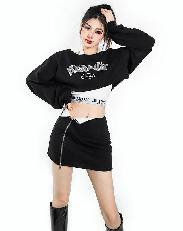 BEAURUN CLASSIC Graphic Print Solid Color Black Cropped Sweatshirt Zip Up Mini Skirt Matching Set Hoodie with Typography Text Message BEAURUN CLASSIC Graphic Print Solid Color Black Cropped Sweatshirt Zip Up Mini Skirt Matching Set Hoodie with Typography Text Message