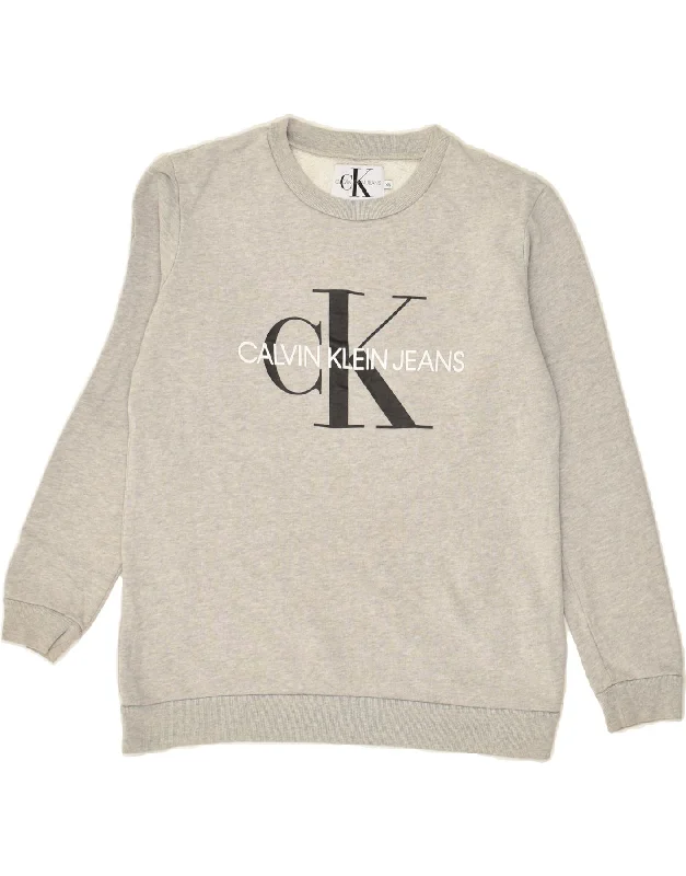 CALVIN KLEIN JEANS Womens Graphic Sweatshirt Jumper UK 6 XS Grey Cotton Hoodie with Rolled Sleeves Casual Relaxed CALVIN KLEIN JEANS Womens Graphic Sweatshirt Jumper UK 6 XS Grey Cotton Hoodie with Rolled Sleeves Casual Relaxed