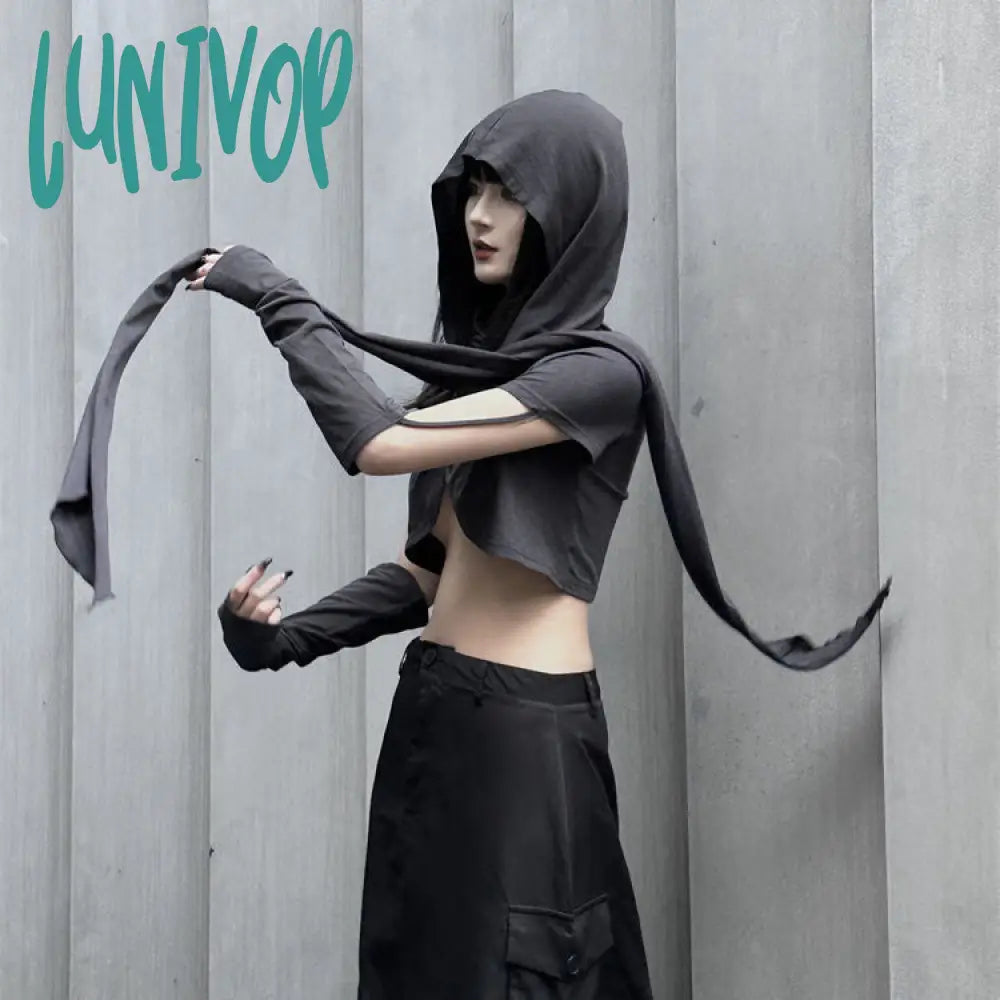 Lunivop outfit inspo Hooded Two-Piece Top Women's Black Cross Long Sleeve Ultra Short Style Hoodie with Front Slit Layering Stylish Lunivop outfit inspo Hooded Two-Piece Top Women's Black Cross Long Sleeve Ultra Short Style Hoodie with Front Slit Layering Stylish