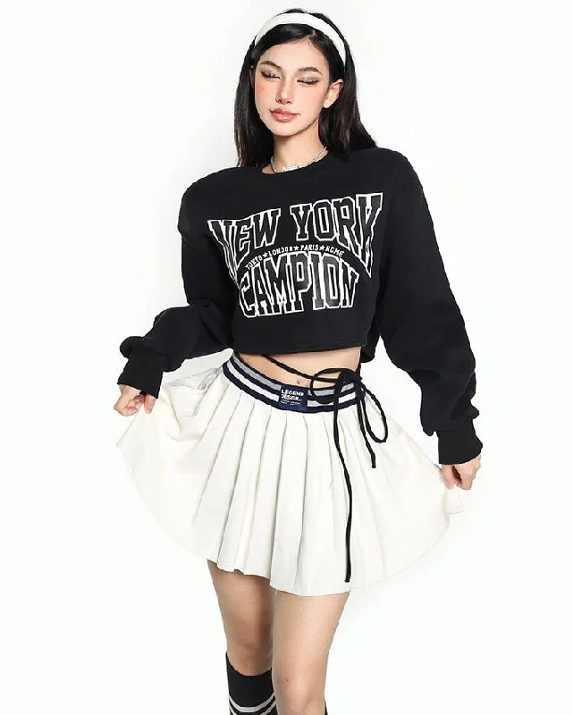 NEW YORK CHAMPION Graphic Print Solid Color Black Long Sleeve Cropped Lace Up Sweatshirt Hoodie with Slim Fit Tailored Modern NEW YORK CHAMPION Graphic Print Solid Color Black Long Sleeve Cropped Lace Up Sweatshirt Hoodie with Slim Fit Tailored Modern