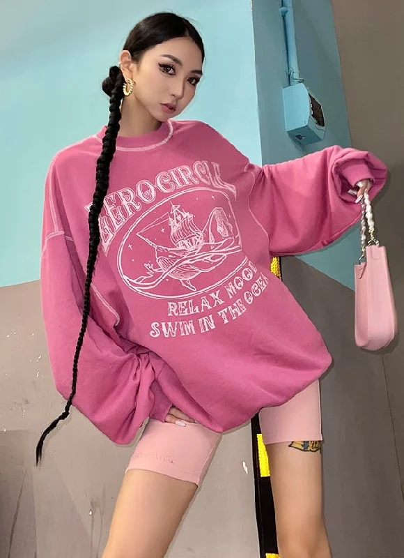 Zerocircle Ocean Graphic Print Long Sleeve Pink Sweatshirt Hoodie with High-Low Hem Asymmetrical Trendy Zerocircle Ocean Graphic Print Long Sleeve Pink Sweatshirt Hoodie with High-Low Hem Asymmetrical Trendy