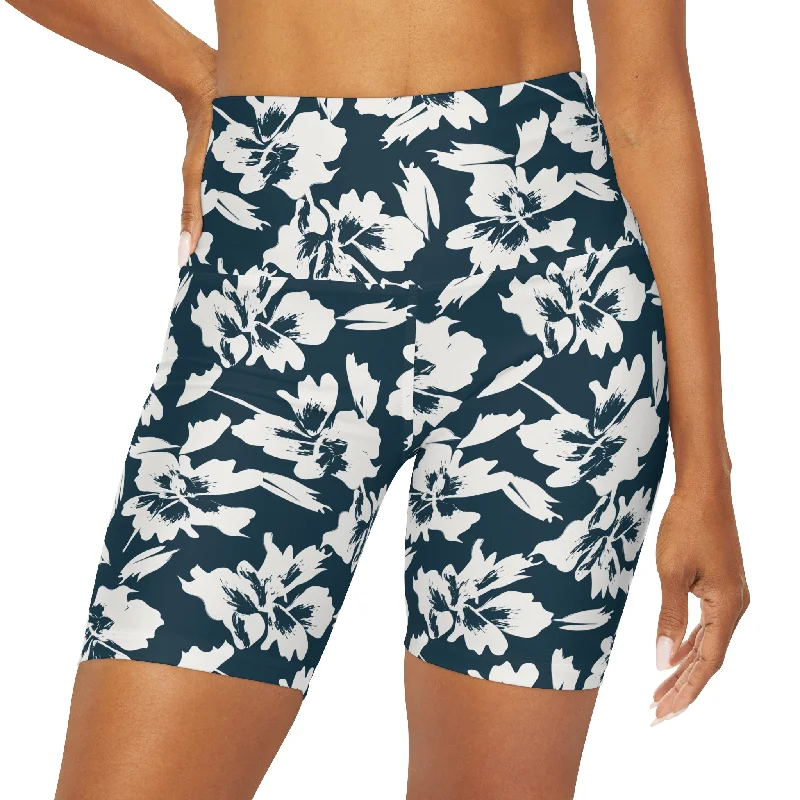 Women's 7" Long High-Waisted Swim Shorts, Blue Hawaiian Hibiscus Floral Swimwear Set Women's 7" Long High-Waisted Swim Shorts, Blue Hawaiian Hibiscus Floral Swimwear Set