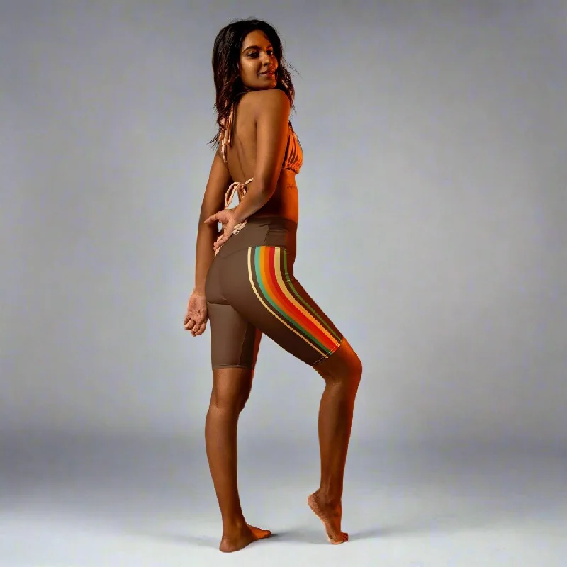 Women's 9-10" Inseam Long Swim Shorts, 70s Vintage Brown Stripe Deep-V Swimsuit Design Women's 9-10" Inseam Long Swim Shorts, 70s Vintage Brown Stripe Deep-V Swimsuit Design