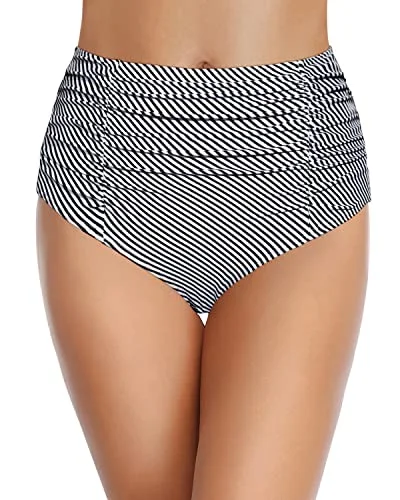 High Waisted Bikini Bottom Ruched Tummy Control Vintage Swimsuit Bottom-Black And White Stripe Elegant Swimsuit Bottoms High Waisted Bikini Bottom Ruched Tummy Control Vintage Swimsuit Bottom-Black And White Stripe Elegant Swimsuit Bottoms