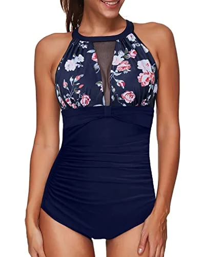 Mesh Halter High Neck Tummy Control One Piece Swimsuit For Women-Navy Blue Floral Lace-Detail Bikini Set Mesh Halter High Neck Tummy Control One Piece Swimsuit For Women-Navy Blue Floral Lace-Detail Bikini Set
