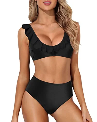 Ruffle Two Piece Bikini Sets Swimsuit High Waisted Bathing Suit-Black Floral Print Swimsuit Ruffle Two Piece Bikini Sets Swimsuit High Waisted Bathing Suit-Black Floral Print Swimsuit