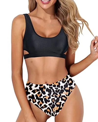 High Leg Bikini Set For Women 2 Piece High Waisted Sport Swimsuit-Black And Leopard Vibrant Bikini Design High Leg Bikini Set For Women 2 Piece High Waisted Sport Swimsuit-Black And Leopard Vibrant Bikini Design
