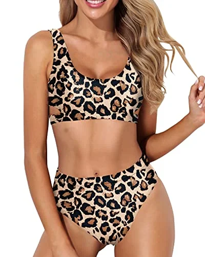 Two Piece Women's High Waisted Bikini Set Sport Swimsuit High Cut Bathing Suit-Leopard Chic Beach Cover-Up Two Piece Women's High Waisted Bikini Set Sport Swimsuit High Cut Bathing Suit-Leopard Chic Beach Cover-Up