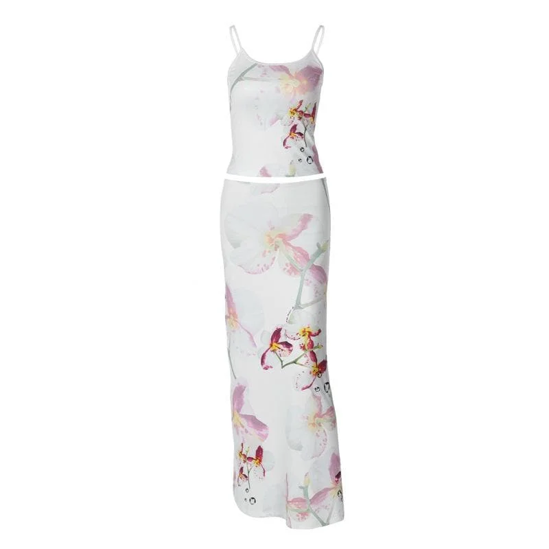 Flower print u neck adjustable cami maxi skirt set leather skirt durable